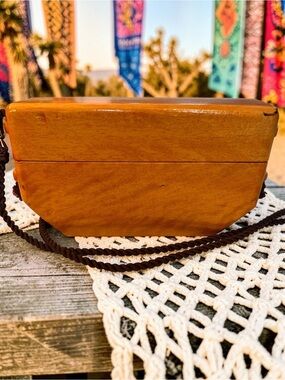 Mid-Century vintage sliding-lid honey brown wood box purse, Hippie Chic Artisan